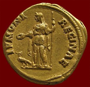 Coin showing Juno Regina, with scepter and paetera.