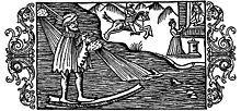 Ullr on his magical bone - from Olaus Magnus's book. Single skates were common until the 20th century in northern Europe.