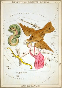 From the book Urania's Mirror. Shows Aquila with the now-obsolete constellation Antinous.