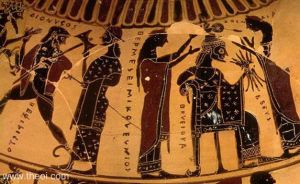 Eileithyia at the birth of Athena. She stands behind Zeus, making the 