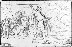 Óðinn throws his spear at the Vanir host in an illustration by Lorenz Frølich (1895). Wikimedia.