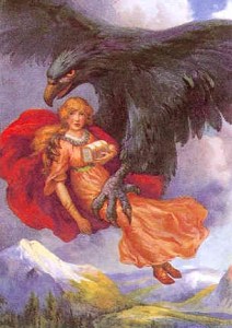 In true bug-eyed-monster tradition, Thiazi carries Idunn away.