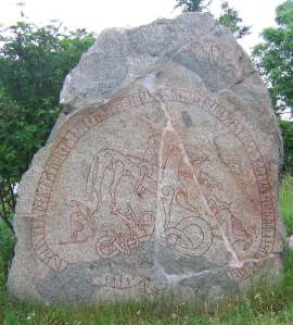 The Boksta rune stone, possibly showing Ullr and Odin.